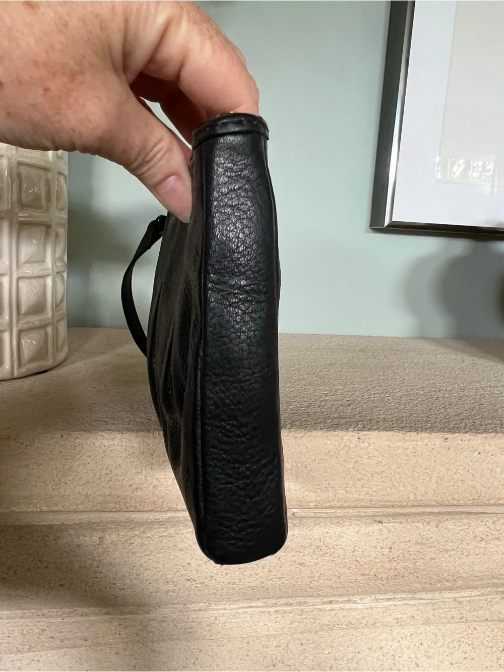 Black Leather Wristlet Clutch with Detachable Strap